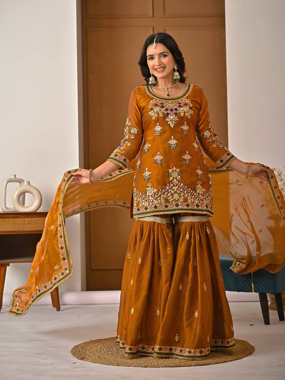 Yash Enterprise Orange Fandy Silk Party Wear Embroidery Suit Set  Grab2Buy Yash Enterprise Grab2Buy
