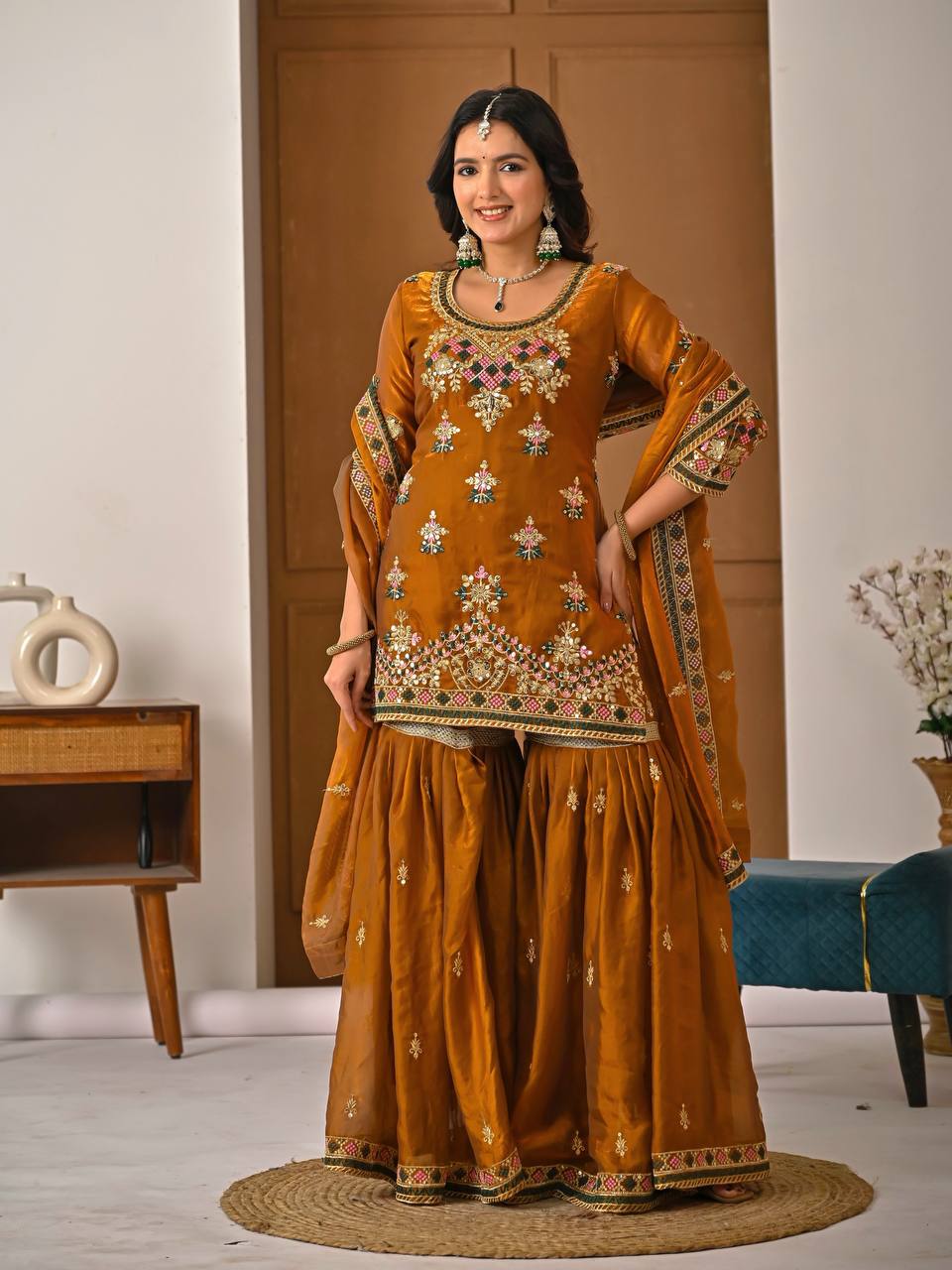 Yash Enterprise Orange Fandy Silk Party Wear Embroidery Suit Set  Grab2Buy Yash Enterprise Grab2Buy