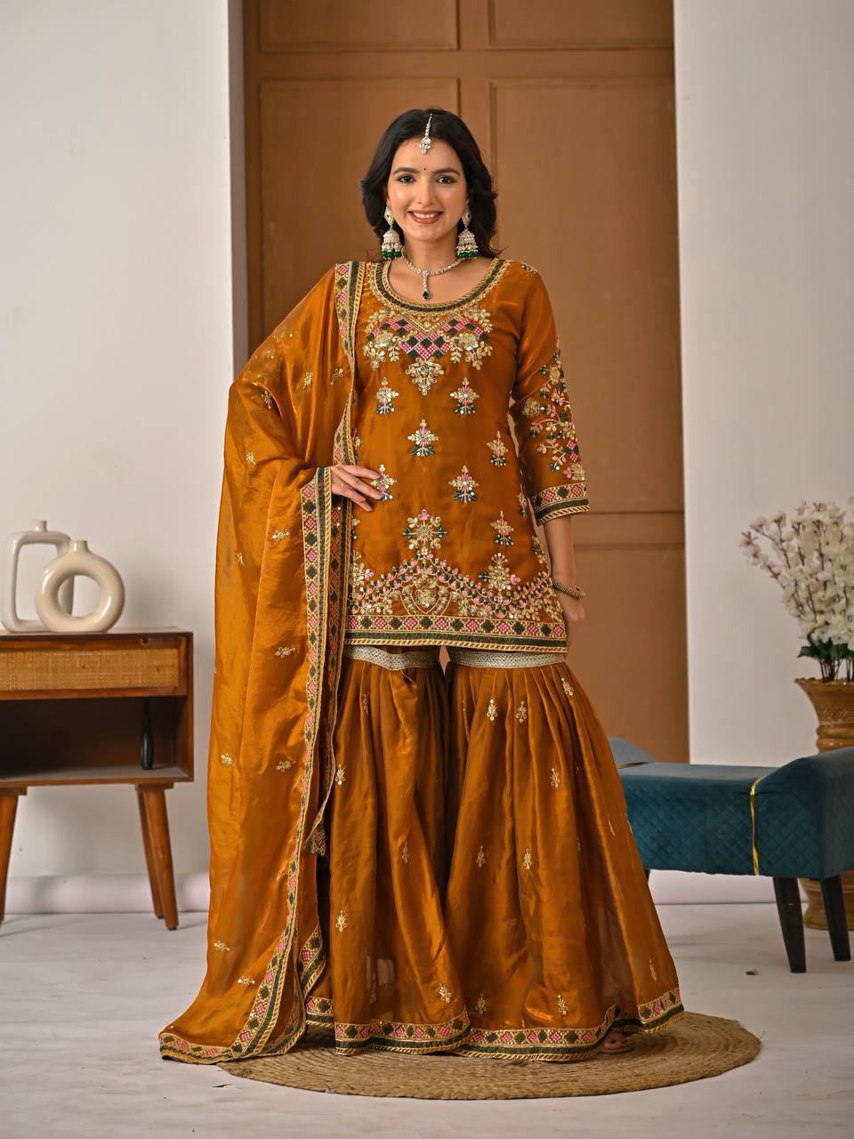 Yash Enterprise Orange Fandy Silk Party Wear Embroidery Suit Set  Grab2Buy Yash Enterprise Grab2Buy