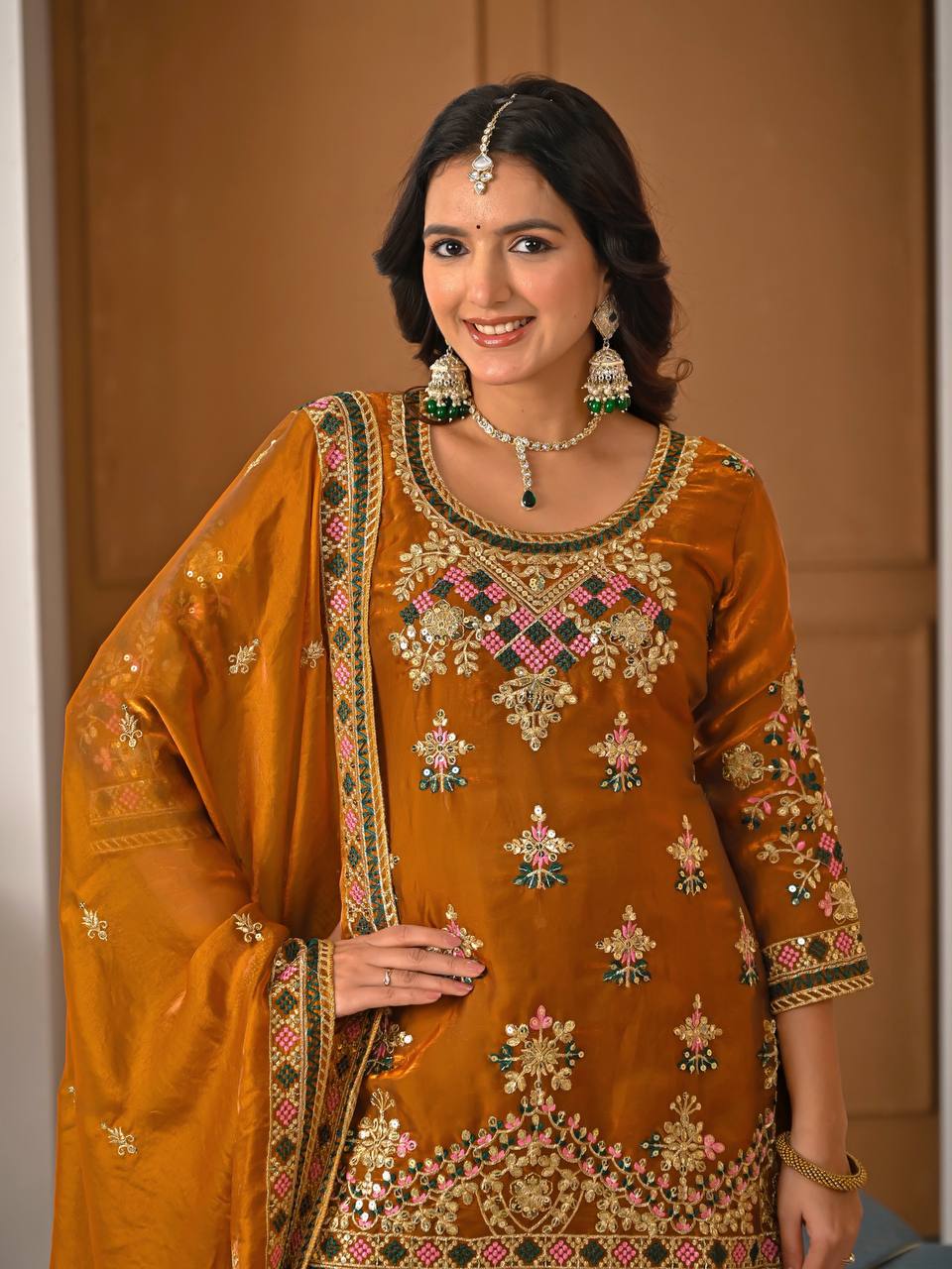 Yash Enterprise Orange Fandy Silk Party Wear Embroidery Suit Set  Grab2Buy Yash Enterprise Grab2Buy