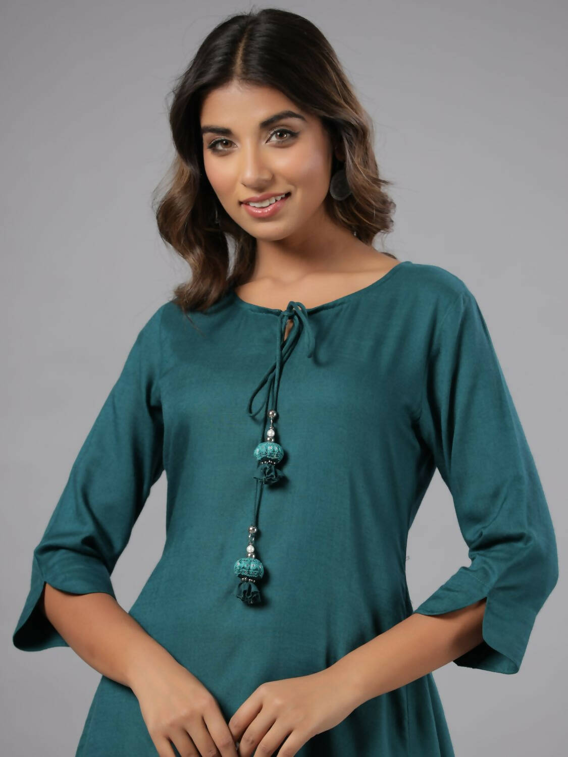 Juniper Women Teal Rayon Solid Asymmetric Kurta