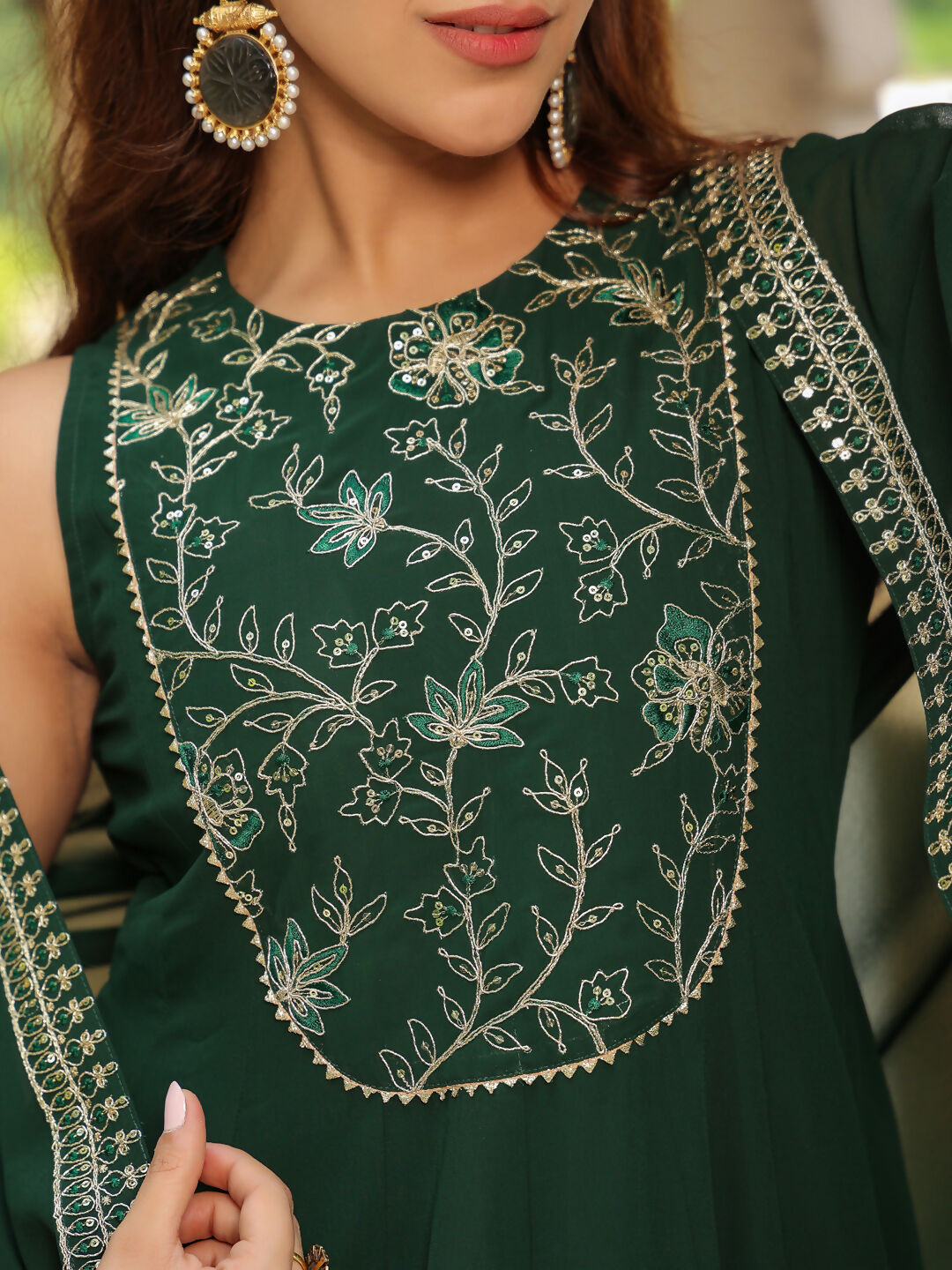 Janasya Dark Green Georgette Embroidered Dress & Jacket 