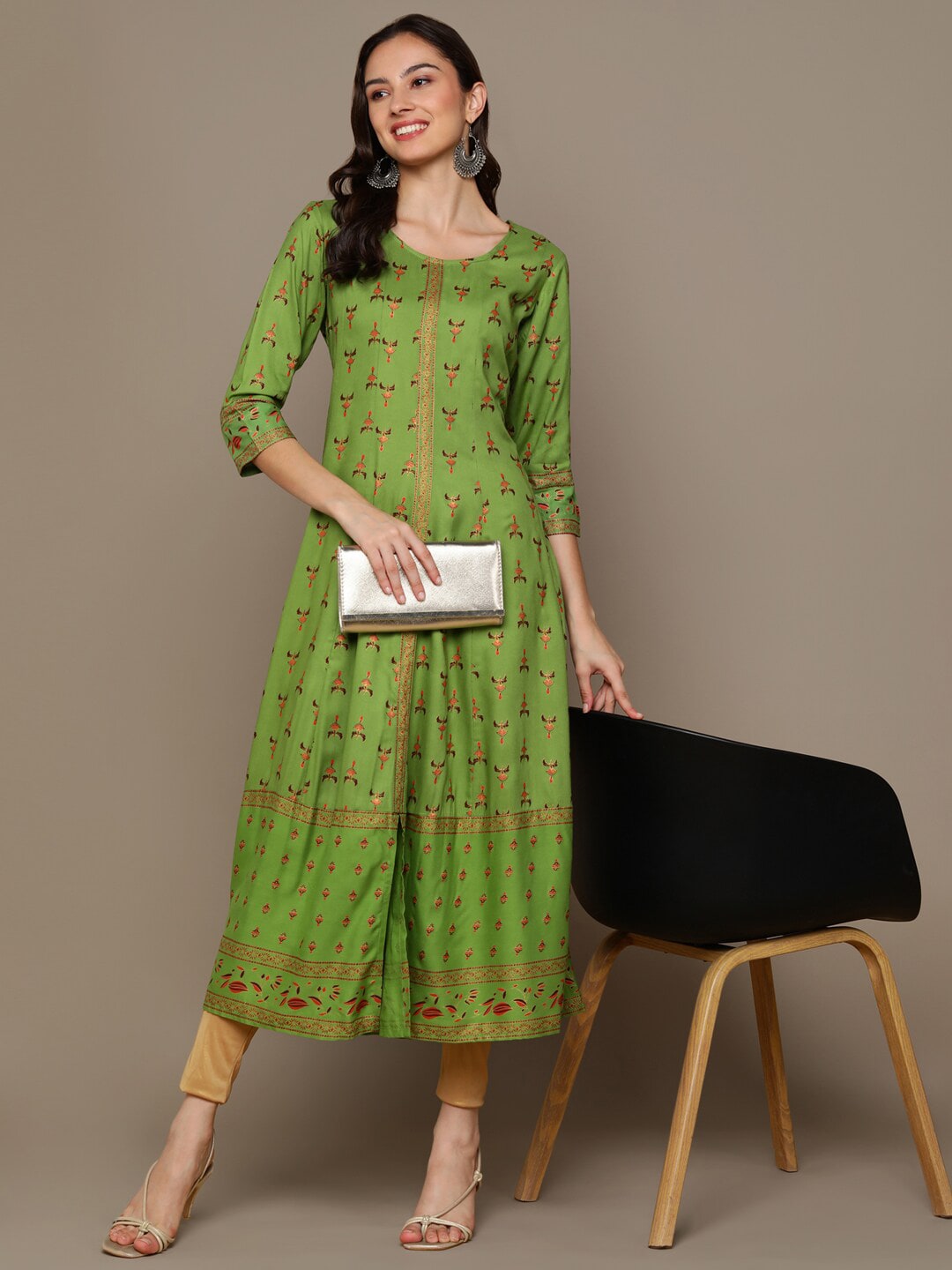 HERE&NOW Green & Maroon Ethnic Motifs Printed A-Line Kurta