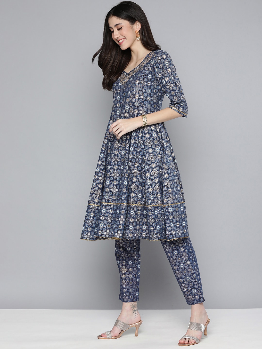 HERE&NOW Ethnic Embroidered & Printed Pure Cotton Anarkali Kurta with Trousers & Dupatta