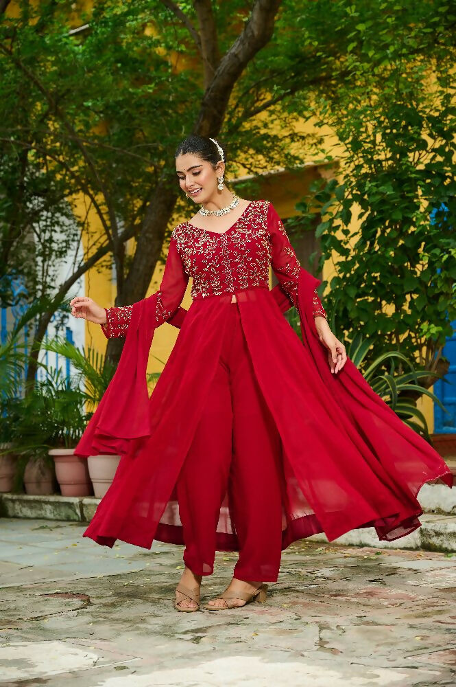 Joban Fashion Maroon Readymade Kurta Set With Sequence embroidery Work