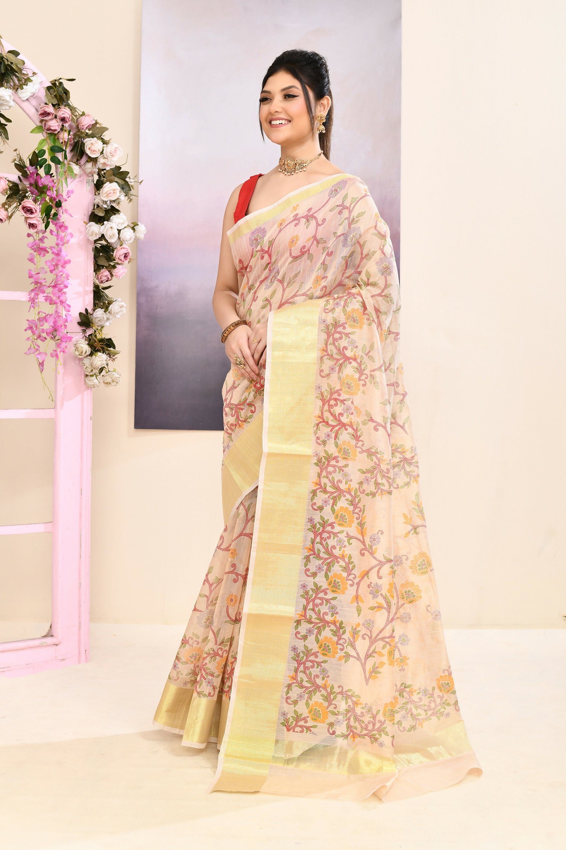 Piyari Fashion Women's Beige Embellished Cotton Blend Printed Saree