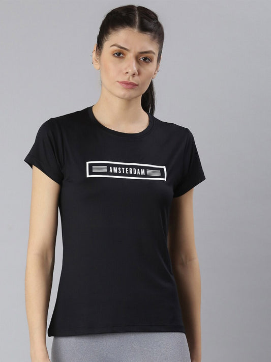 MKH Women Black Typography Printed Round Neck Dri-FIT T-shirt 