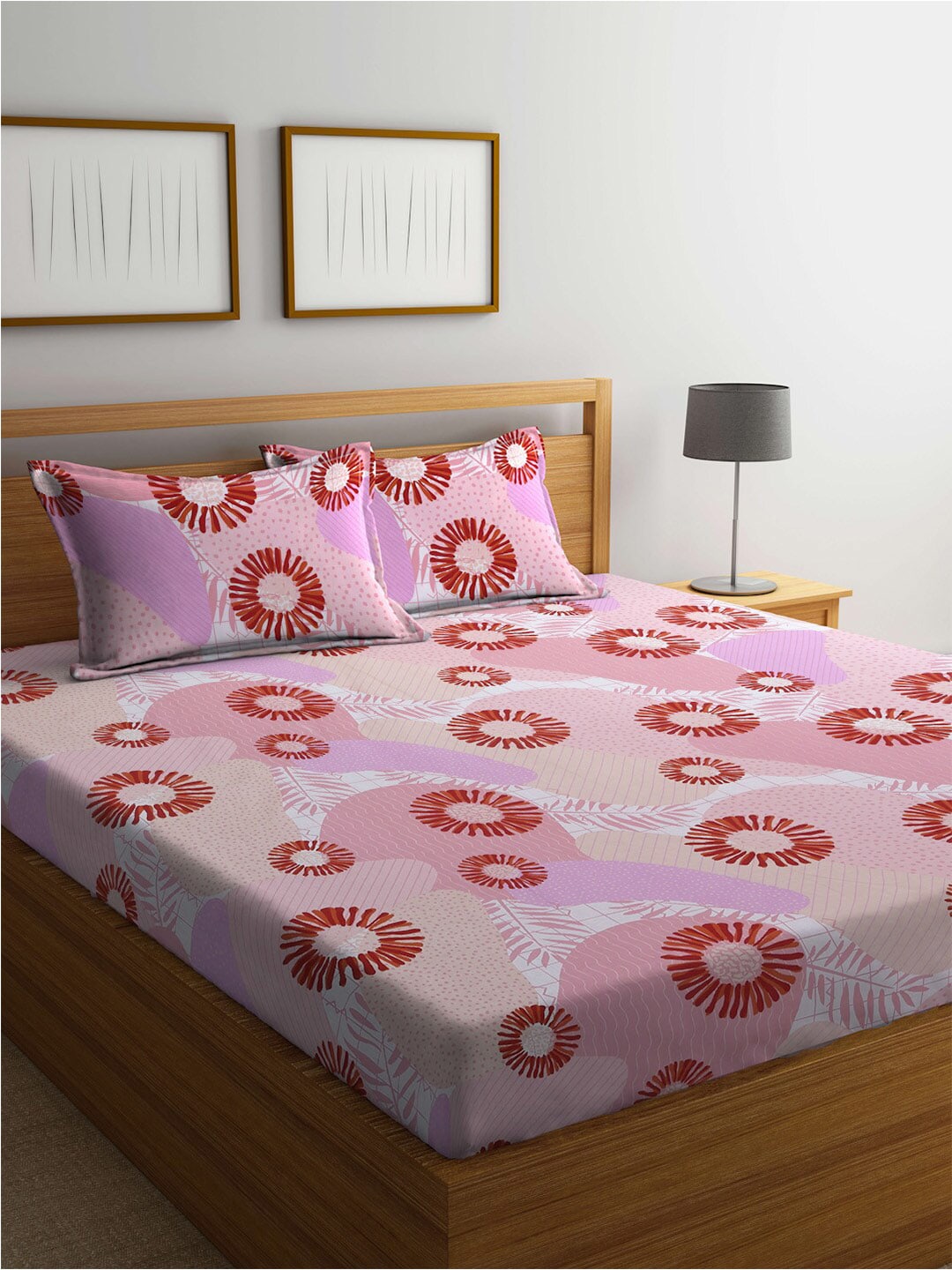 BOMBAY DYEING Serenita Pink Printed Cotton 144 TC Queen Bedsheet with 2 Pillow Covers | Grab2Buy