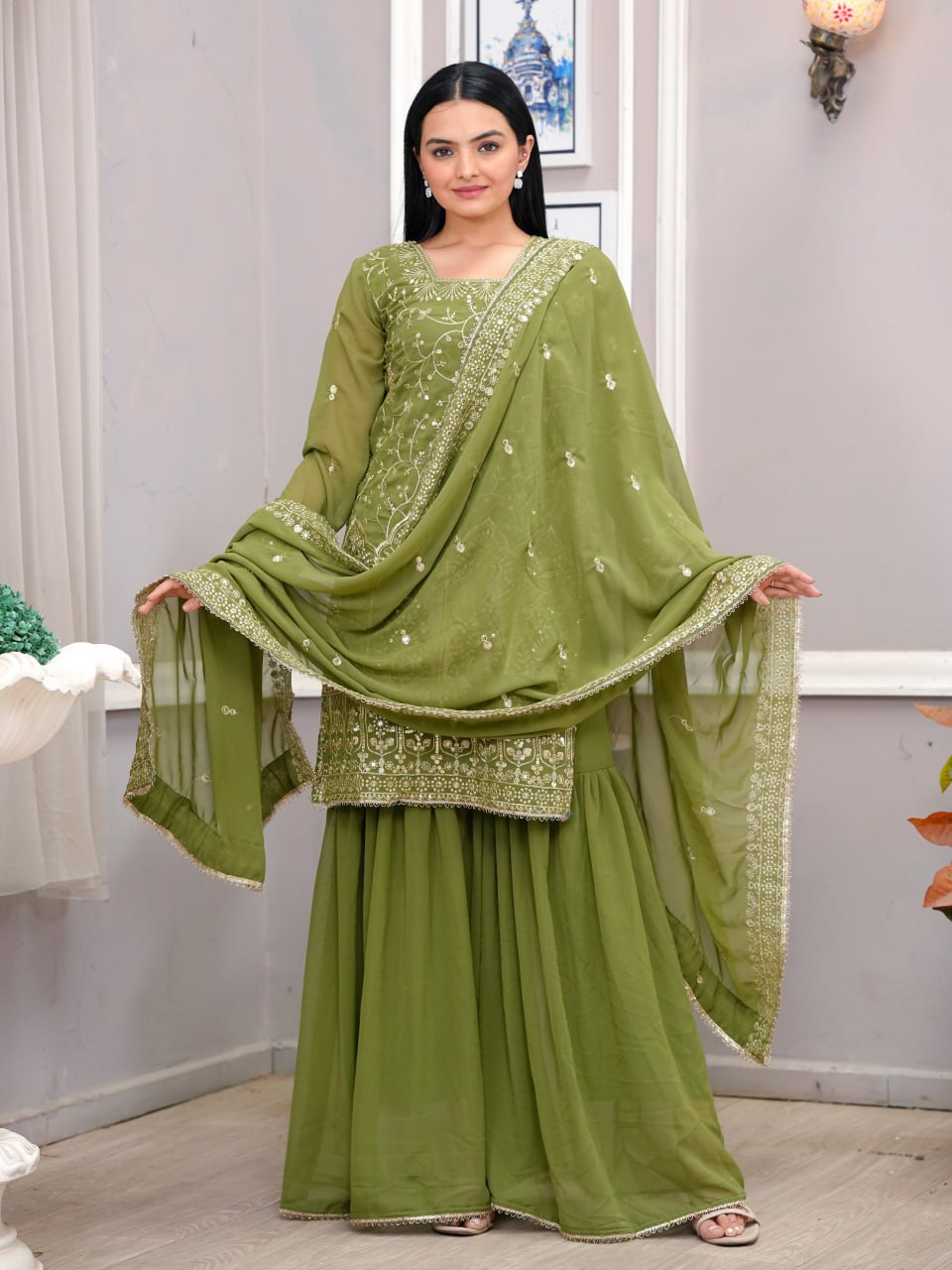 Yash Enterprise Light Green Georgette Embroidery Suit Set  Grab2Buy Yash Enterprise Grab2Buy