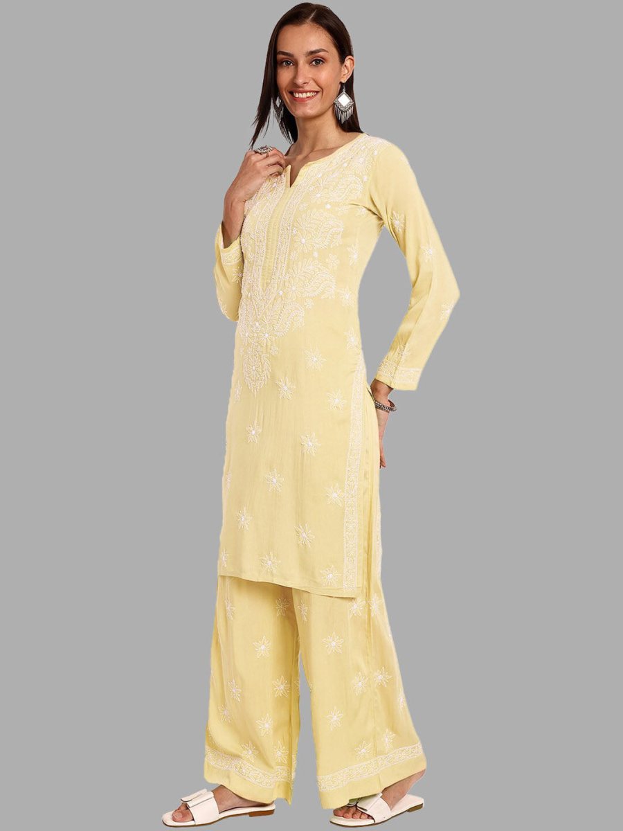 ADA Ethnic Motifs Embroidered Chikankari Straight Kurta with Palazzos 