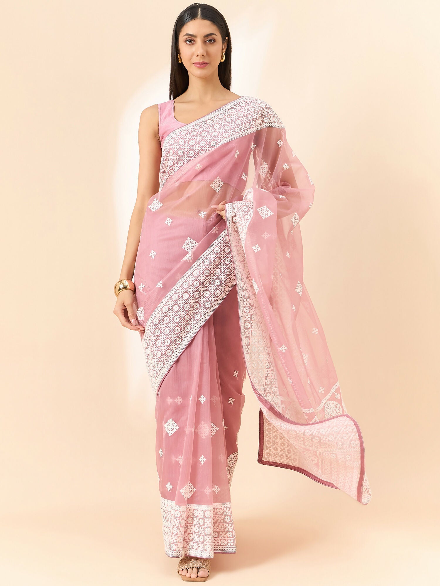 Pink Organza Geometric Embroidered Saree with Unstitched Blouse Piece - Roozal