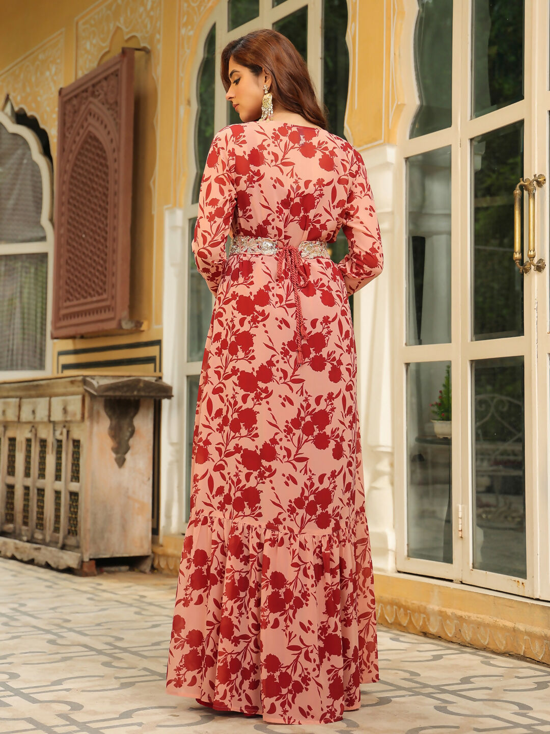 Janasya Maroon Georgette Solid Dress & Jacket 
