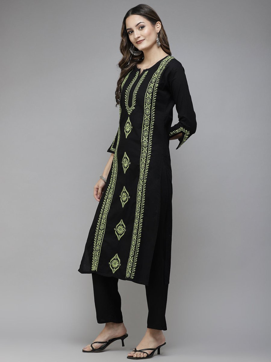 ADA Women Black & Green Ethnic Motifs Embroidered Chikankari Handloom Handloom Kurta 