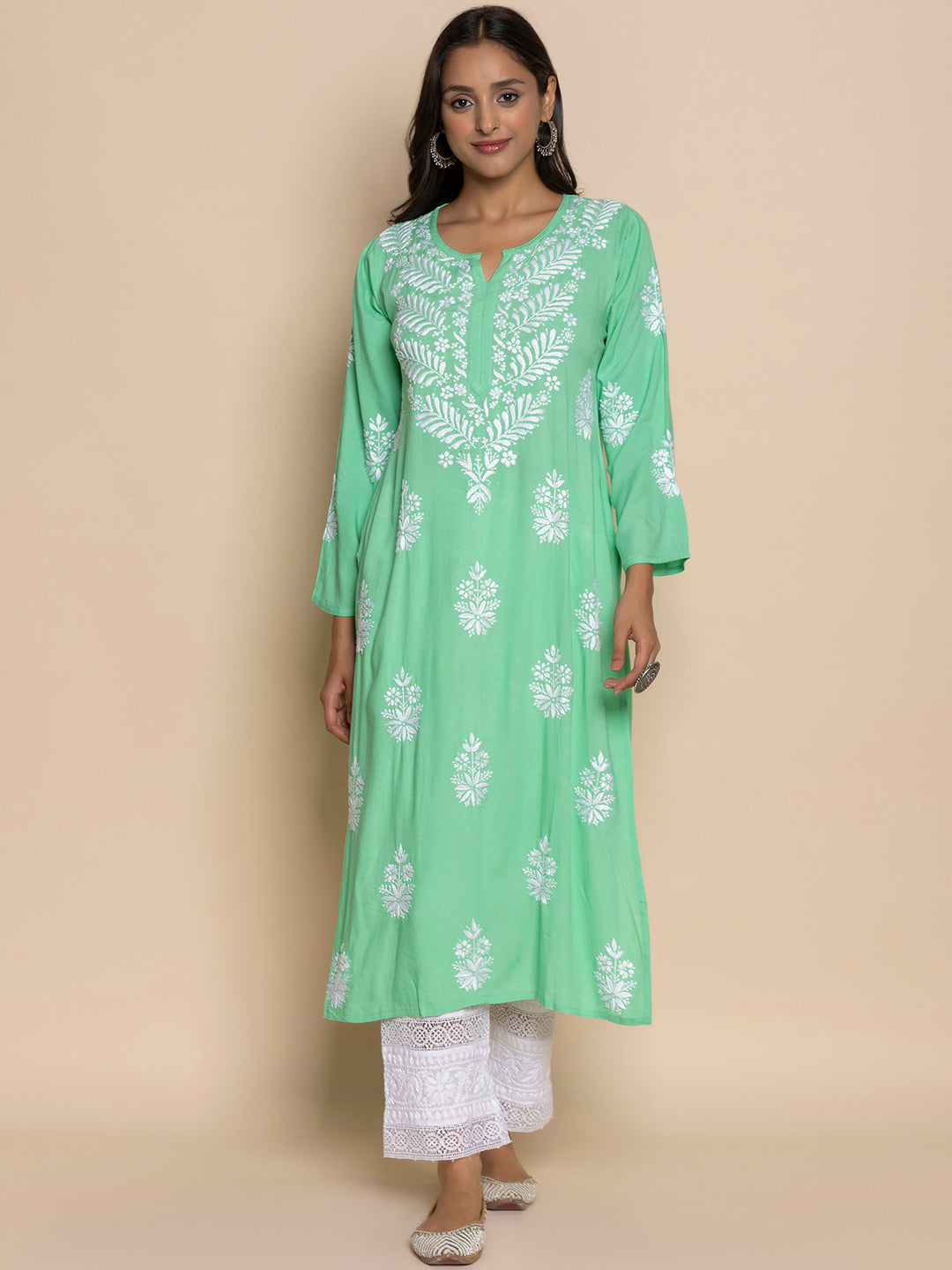 HOUSE OF KARI Floral Embroidered Chikankari A-Line Kurta 