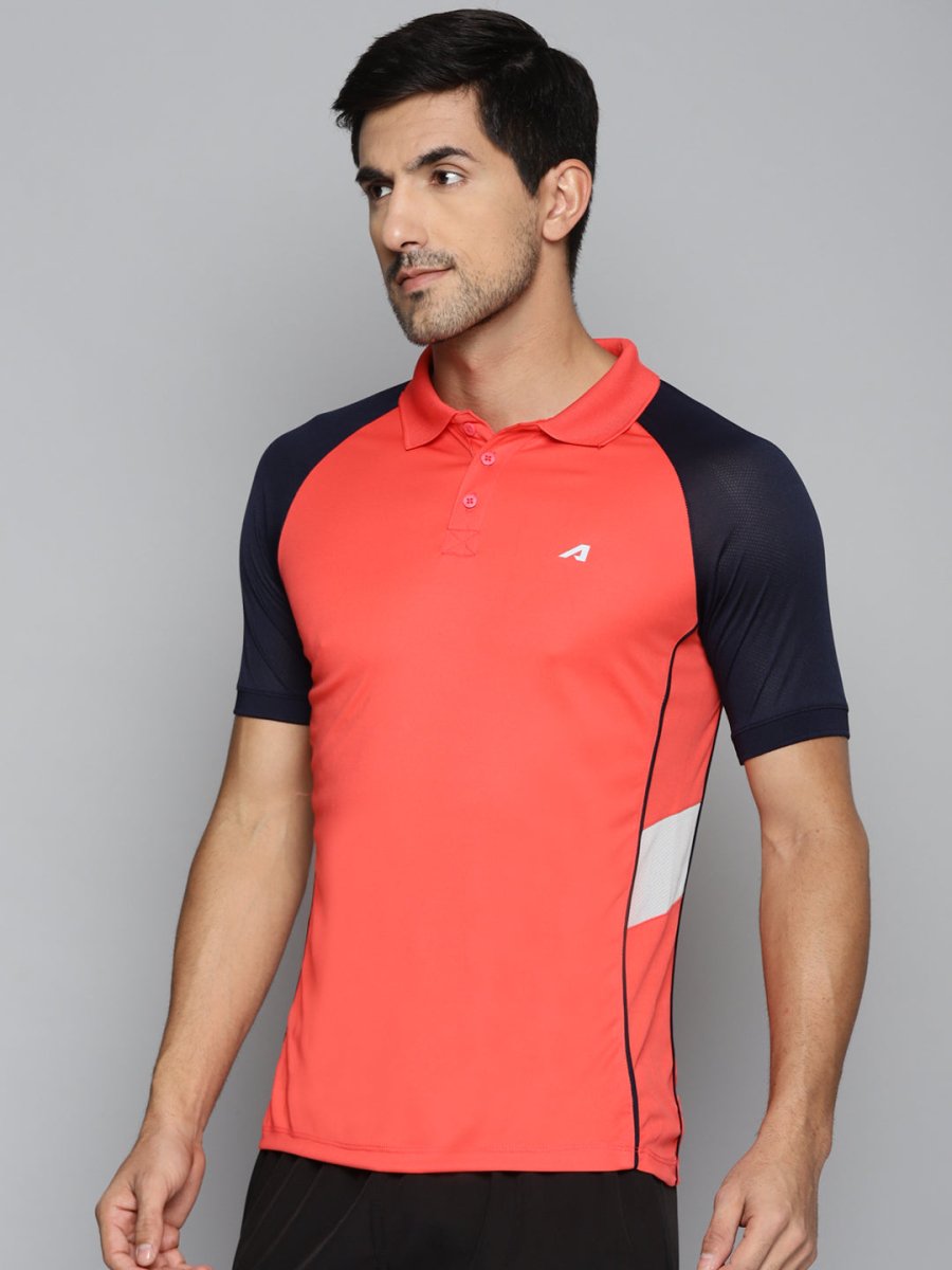 Alcis Men Red & Navy Blue Colourblocked Polo Collar Slim Fit Running T-shirt 