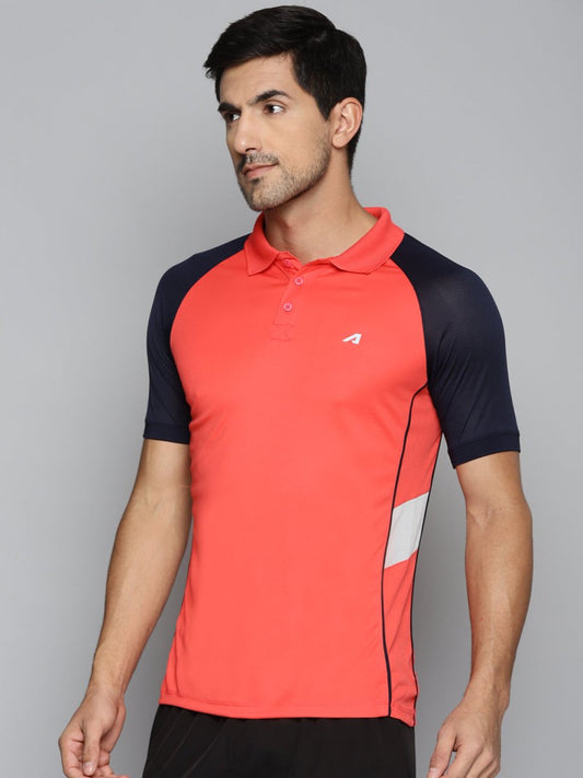 Alcis Men Red & Navy Blue Colourblocked Polo Collar Slim Fit Running T-shirt 