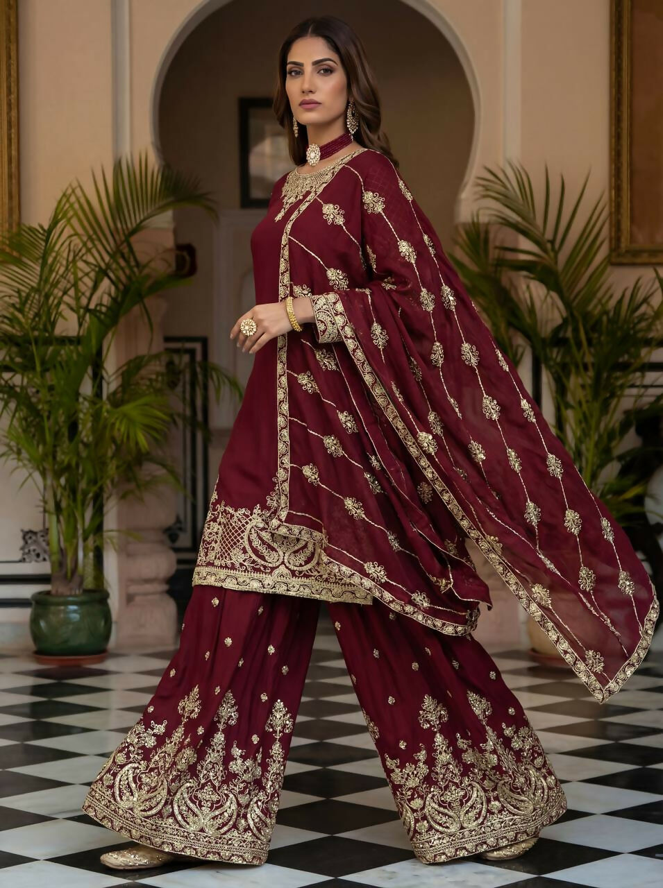 Joban Fashion Maroon Silk Embroidered Sharara Set