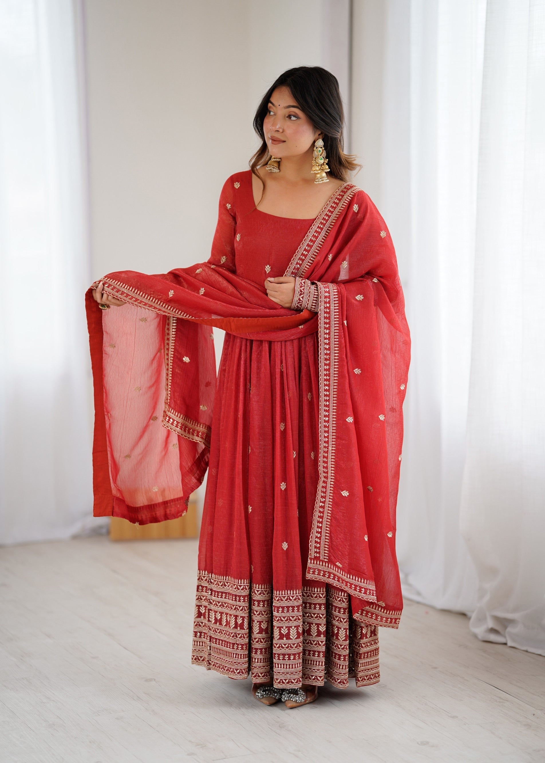 Lorenvalley Fashion Rust Crunchy Silk Embroidery Jari and Sequence Work Anarkali Gown with Dupatta 