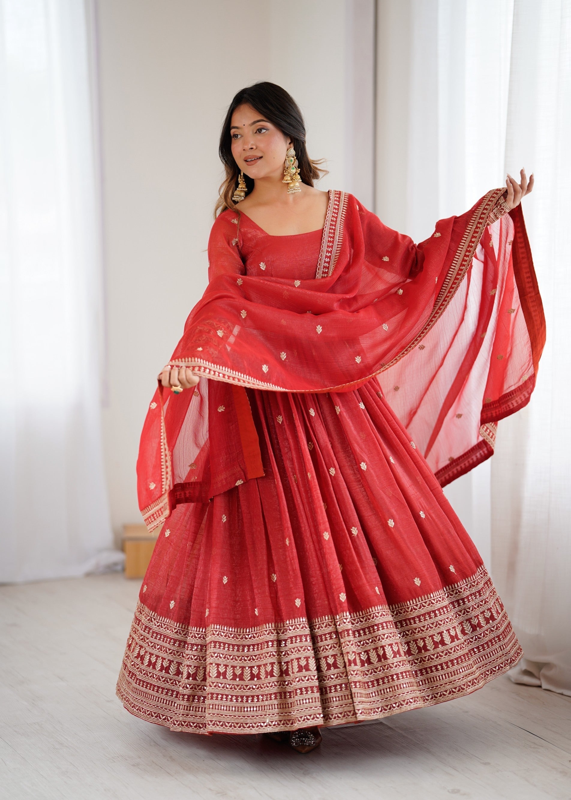 Lorenvalley Fashion Rust Crunchy Silk Embroidery Jari and Sequence Work Anarkali Gown with Dupatta 