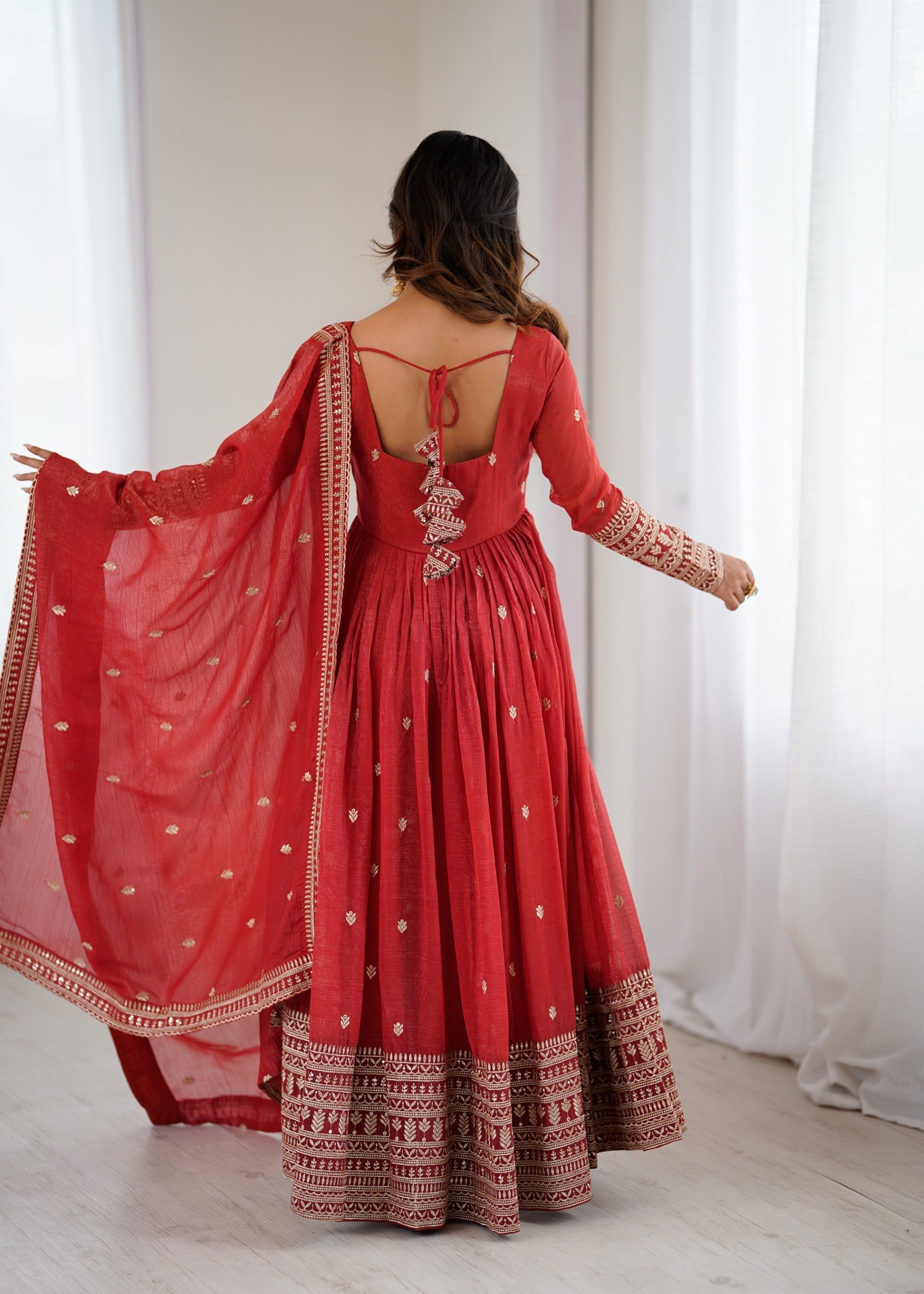 Lorenvalley Fashion Rust Crunchy Silk Embroidery Jari and Sequence Work Anarkali Gown with Dupatta 