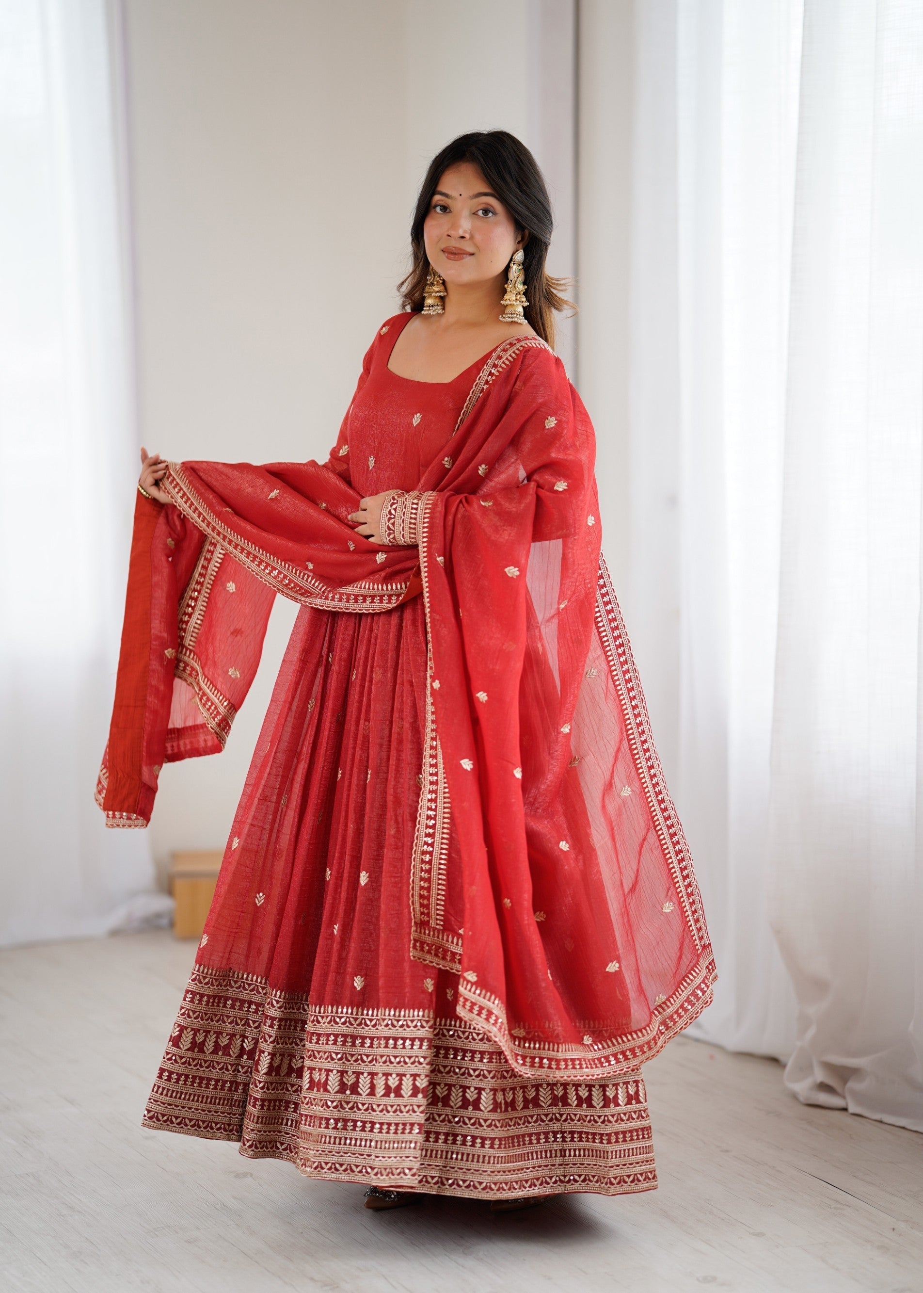 Lorenvalley Fashion Rust Crunchy Silk Embroidery Jari and Sequence Work Anarkali Gown with Dupatta 