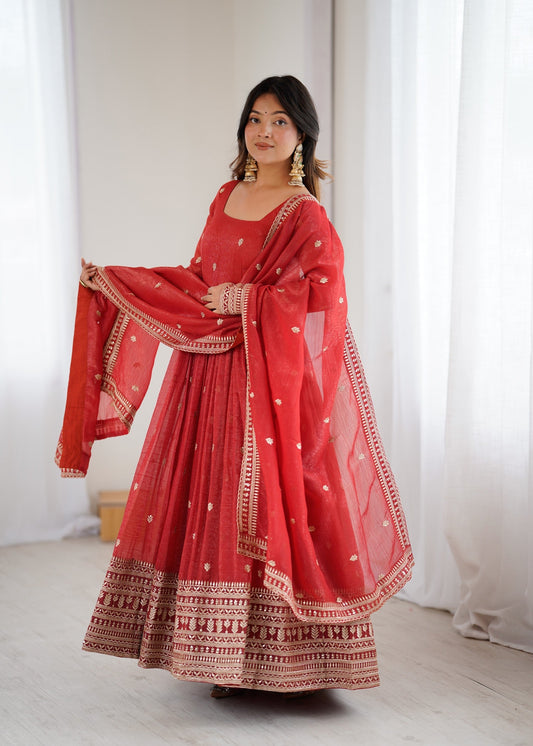 Lorenvalley Fashion Rust Crunchy Silk Embroidery Jari and Sequence Work Anarkali Gown with Dupatta 