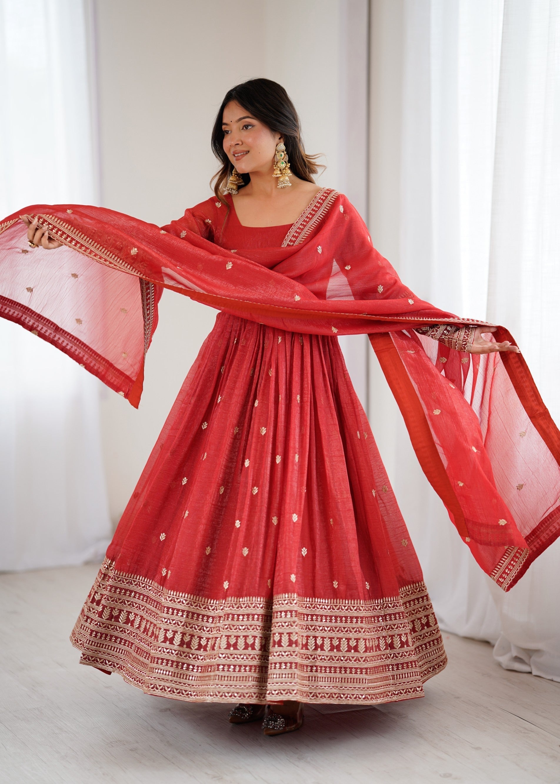 Lorenvalley Fashion Rust Crunchy Silk Embroidery Jari and Sequence Work Anarkali Gown with Dupatta 