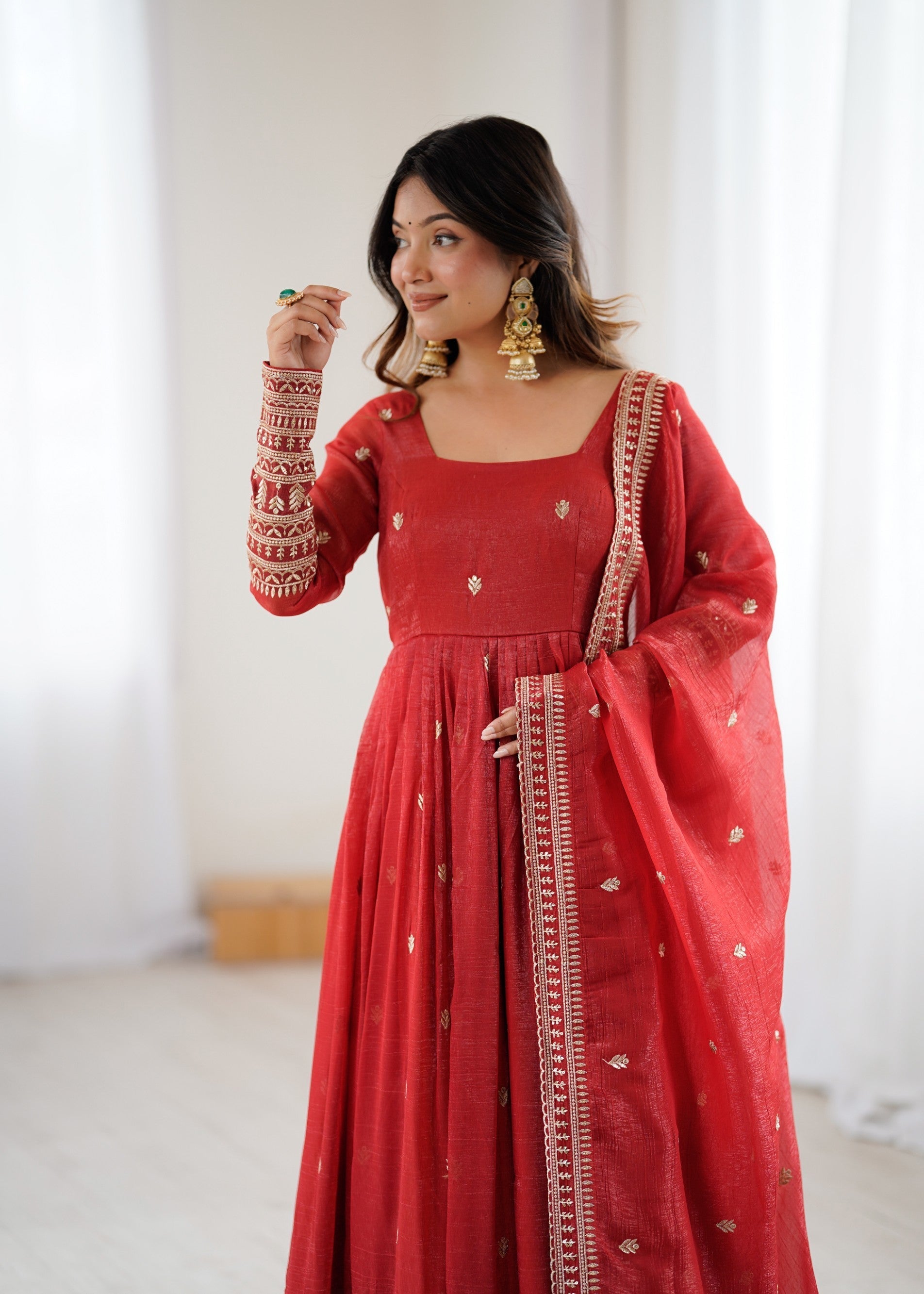 Lorenvalley Fashion Rust Crunchy Silk Embroidery Jari and Sequence Work Anarkali Gown with Dupatta 
