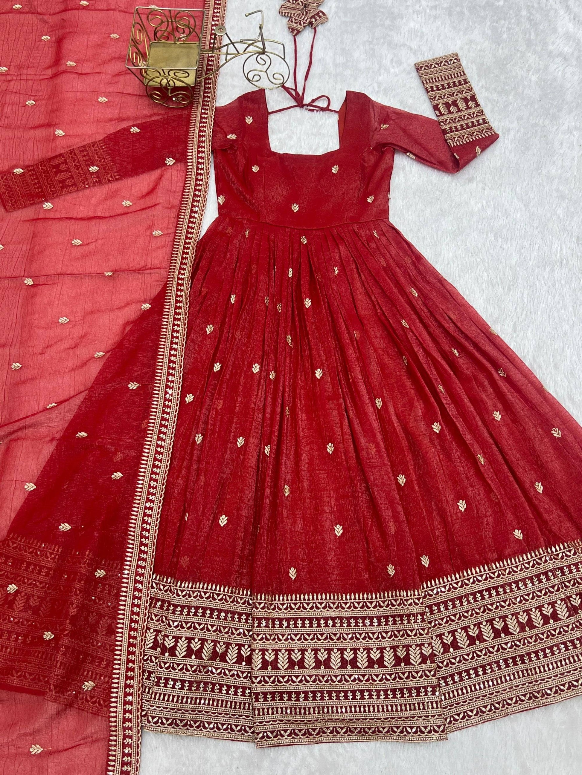 Lorenvalley Fashion Rust Crunchy Silk Embroidery Jari and Sequence Work Anarkali Gown with Dupatta 
