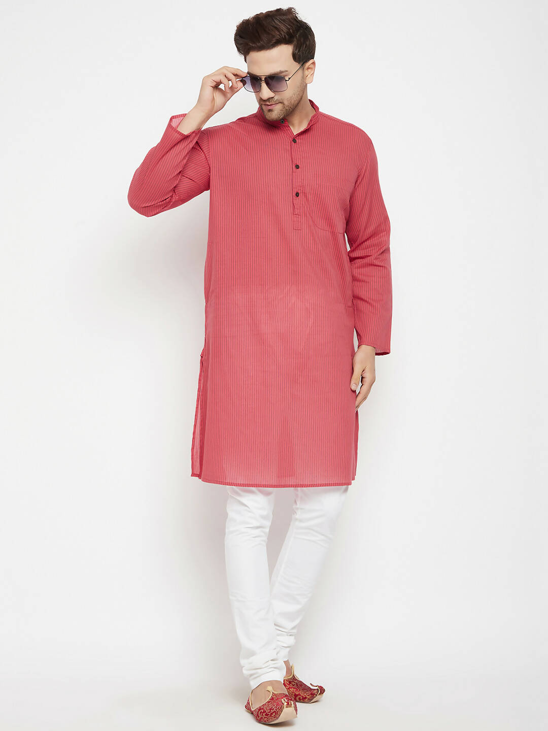 Even Apparels Rust Pure Cotton Long Men's Kurta With Band Collar 