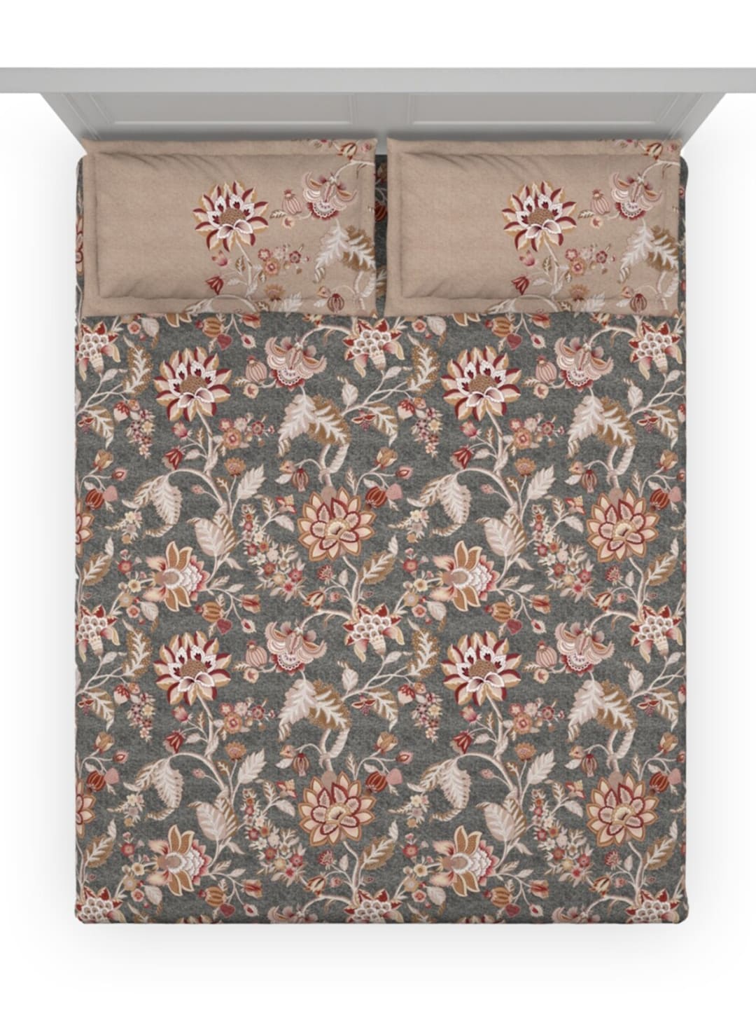 DDecor Grey & Maroon Ethnic Motifs 140 TC Cotton Queen Bedsheet with 2 Pillow Covers 