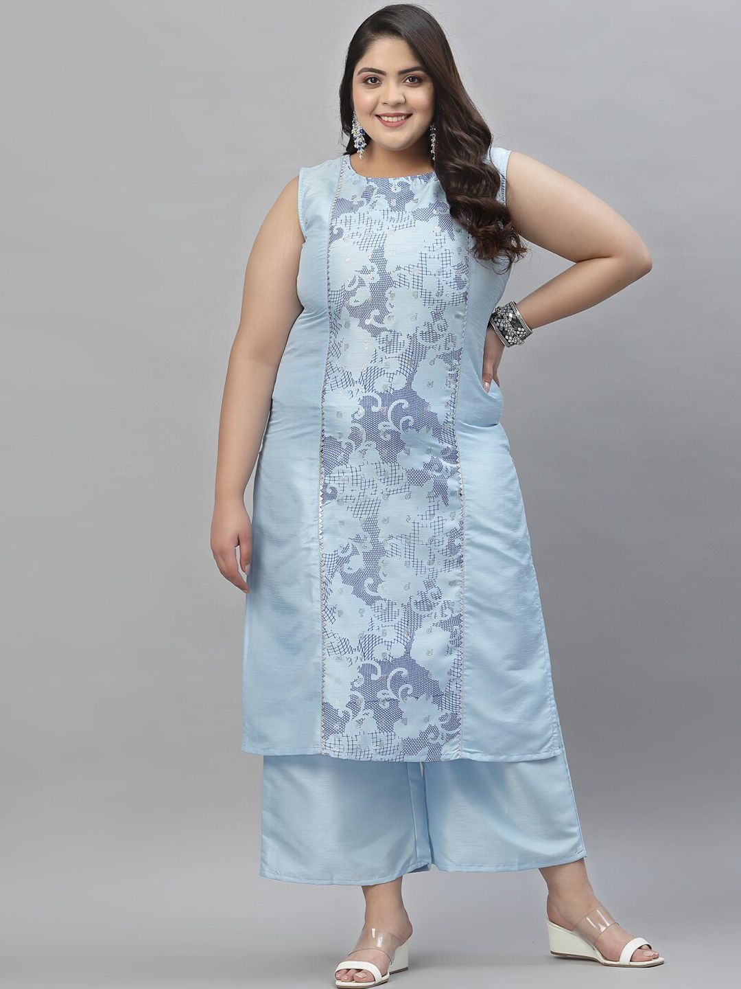 Sztori Floral Printed Sleeveless Straight Kurta with Palazzos