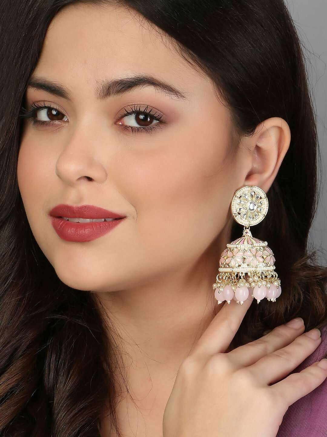 Meenakari Pink Jhumka Earrings By House of Ree House of Ree