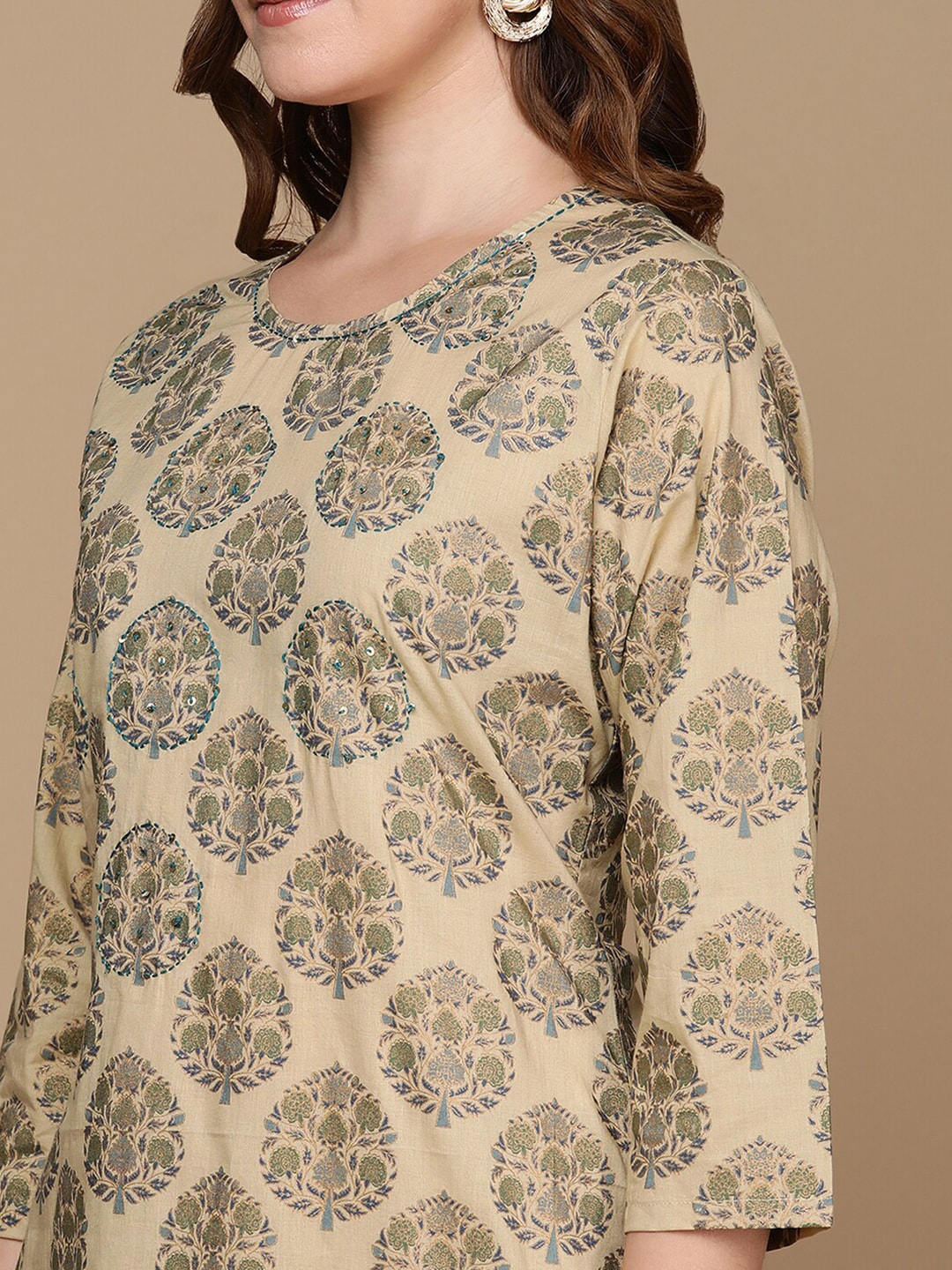 HERE&NOW Beige & Green Ethnic Motifs Printed Sequinned Thread Work Cotton Kurta