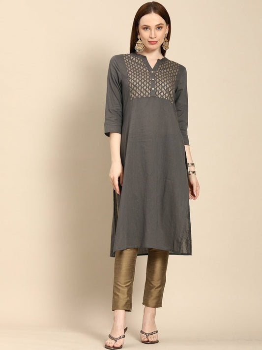 All About You Women Grey Ethnic Motifs Yoke Design Pure Cotton Kurta