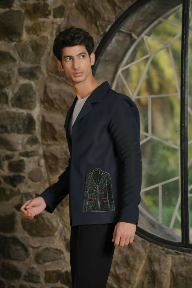Noir Canvas Blazer – Black 4-Way Stretch Graphic Detail Suit For Men | Wedding & Party Wear by Hilo Design