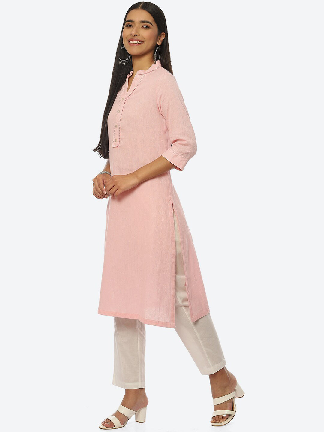 Biba Women Plus Size Pure Cotton Striped Mandarin Collar Kurta - Grab2buy