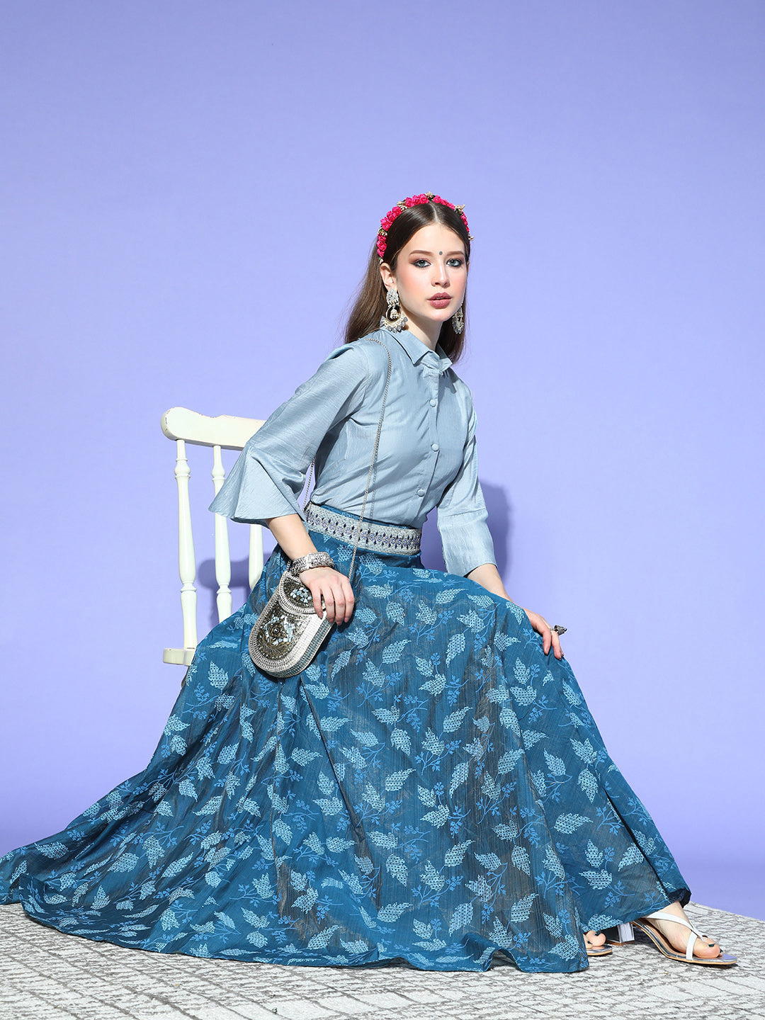InWeave Blue & Grey Chanderi Skirt Fusion Set 