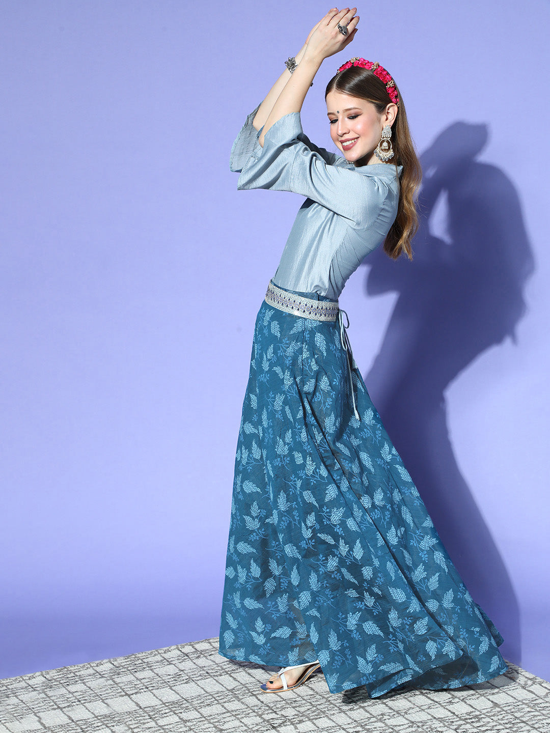 InWeave Blue & Grey Chanderi Skirt Fusion Set 
