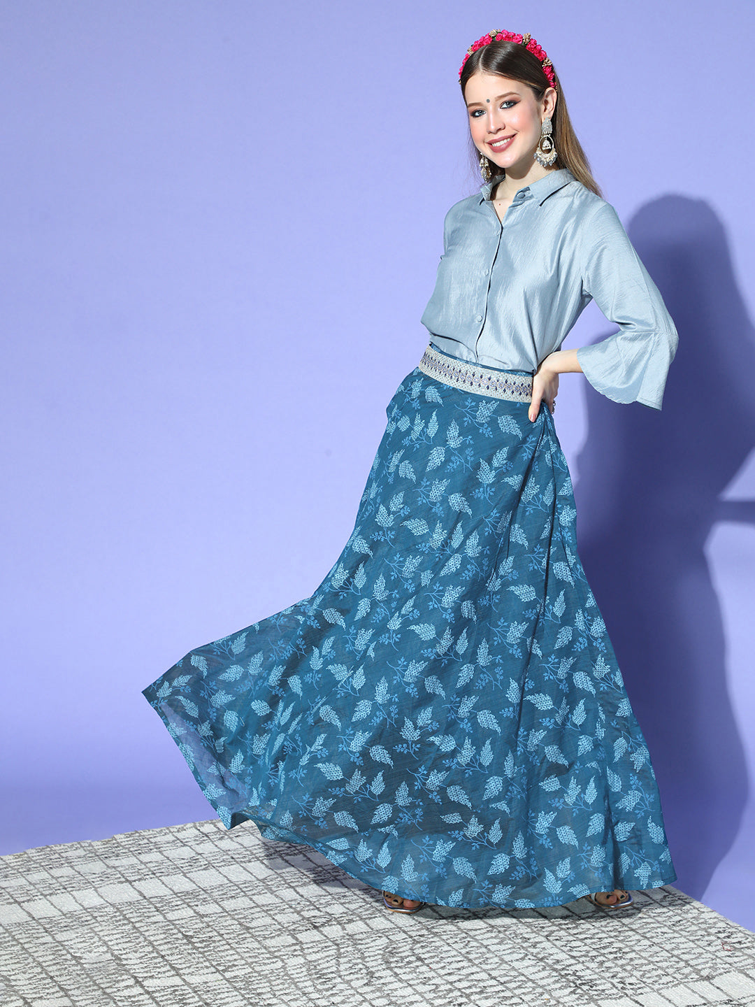 InWeave Blue & Grey Chanderi Skirt Fusion Set 