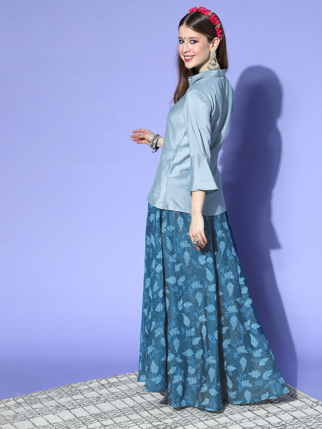 InWeave Blue & Grey Chanderi Skirt Fusion Set 