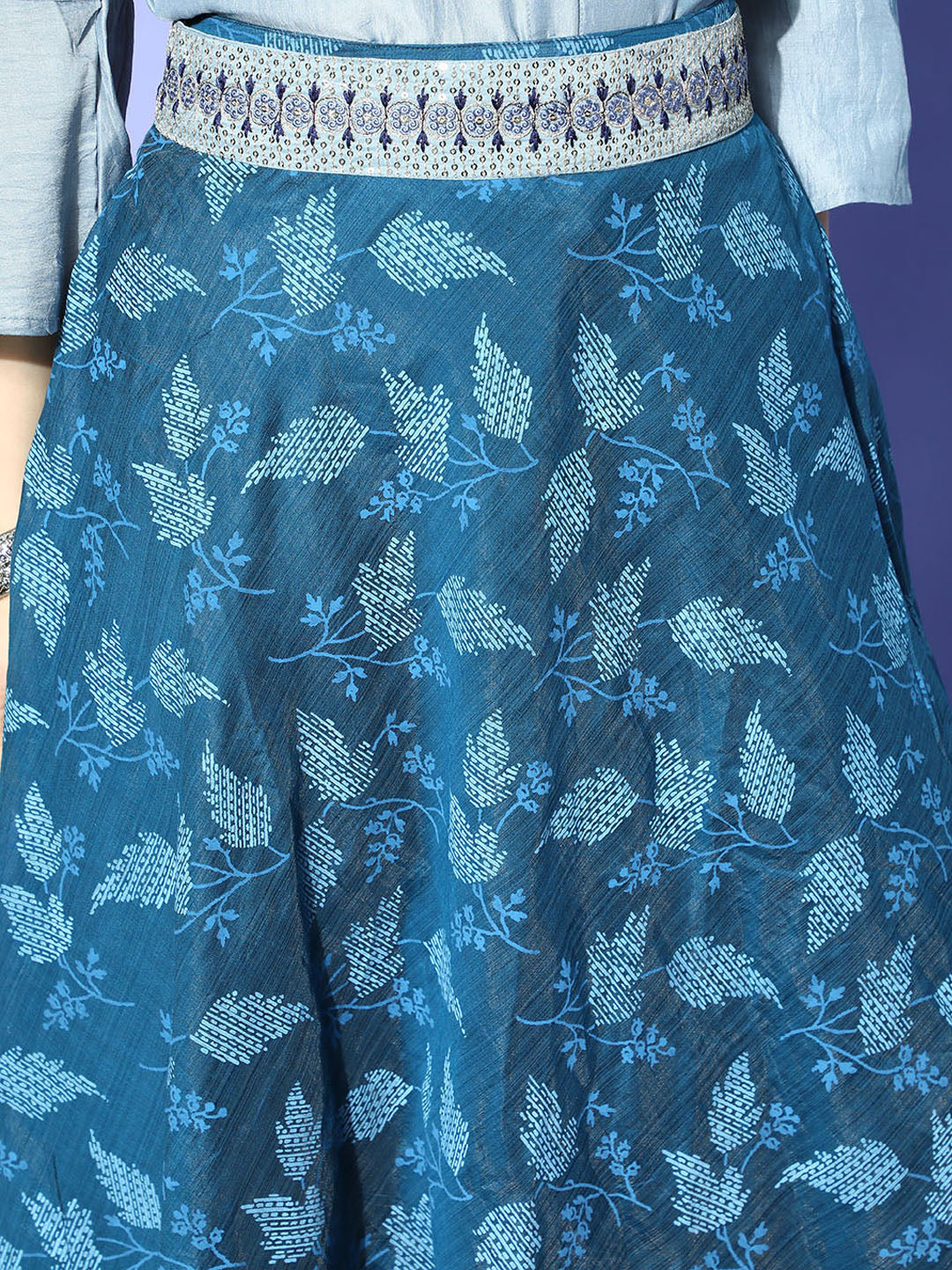 InWeave Blue & Grey Chanderi Skirt Fusion Set 