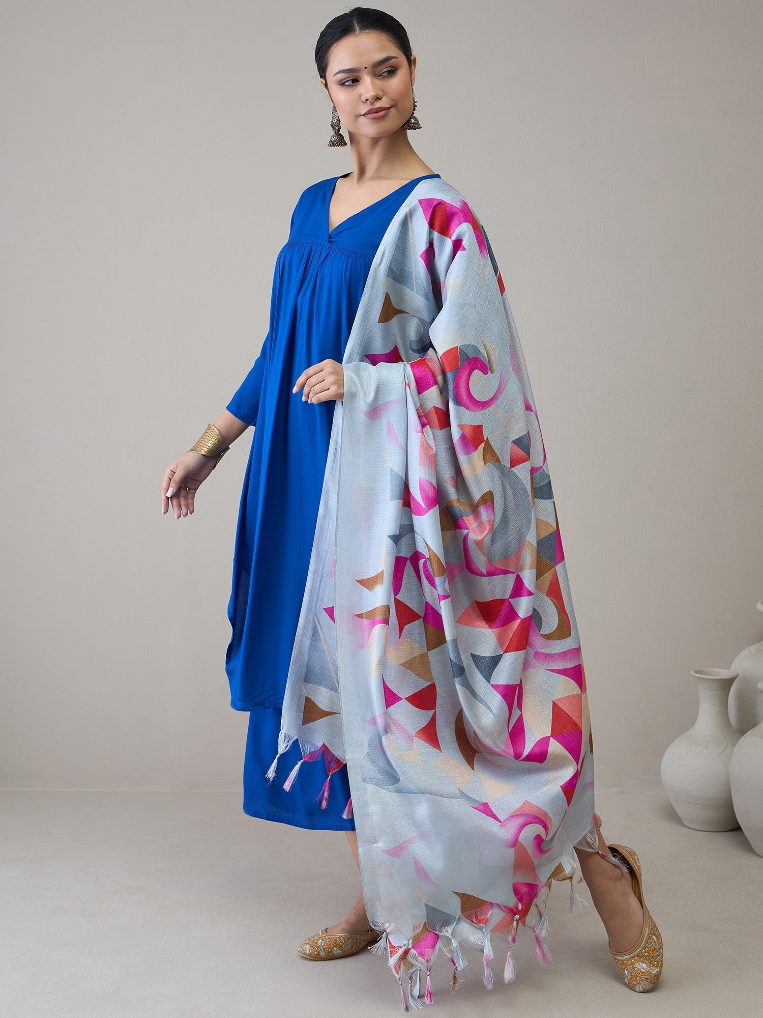 InWeave Ink Blue V Neck Flared Kurta Grey Dupatta Set 