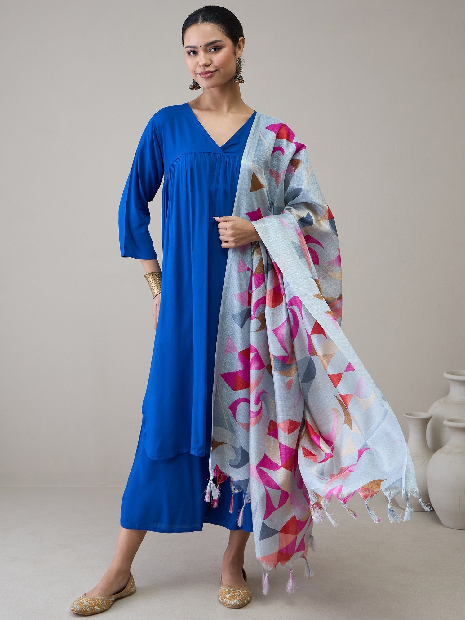 InWeave Ink Blue V Neck Flared Kurta Grey Dupatta Set 