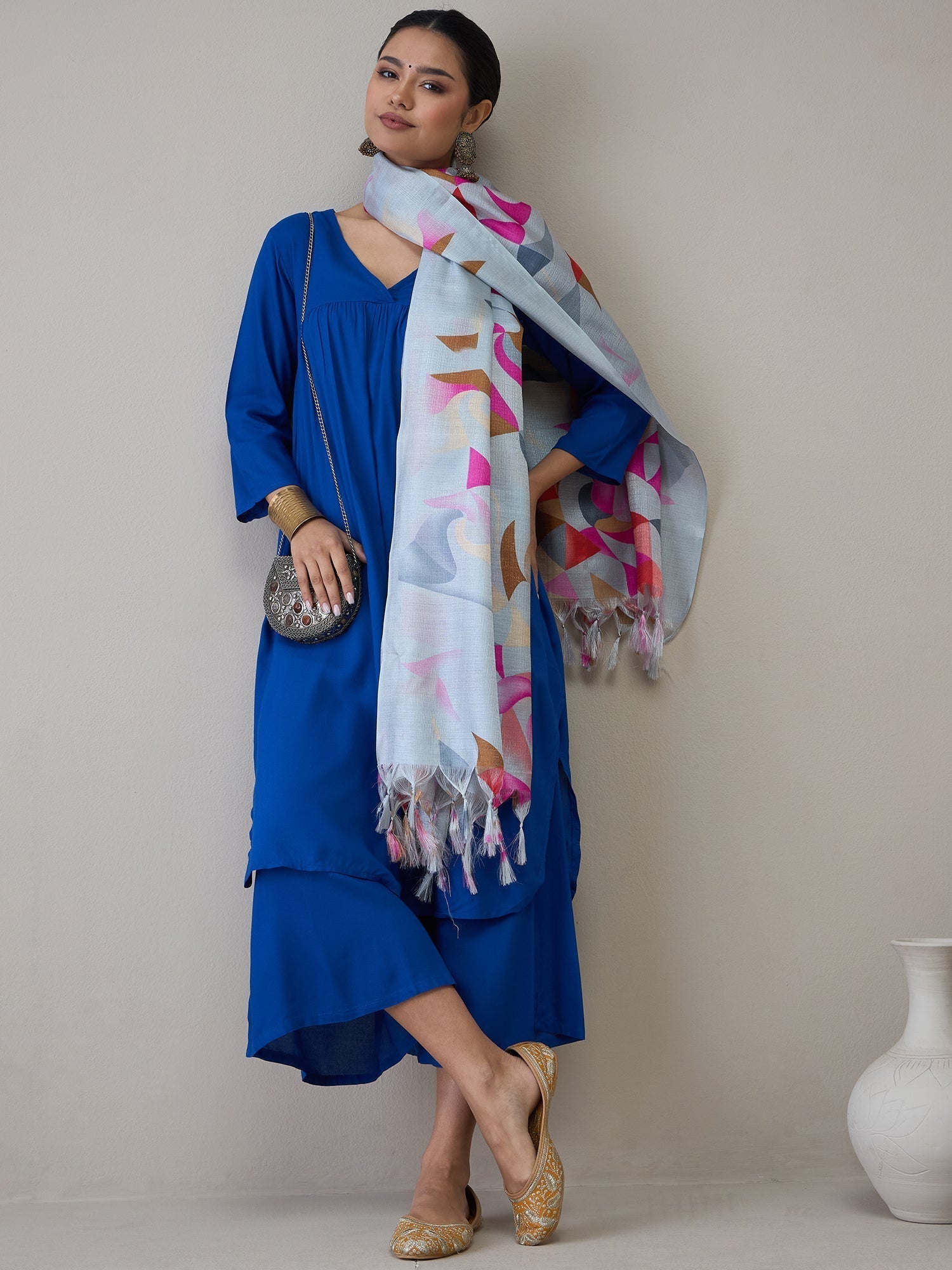 InWeave Ink Blue V Neck Flared Kurta Grey Dupatta Set 