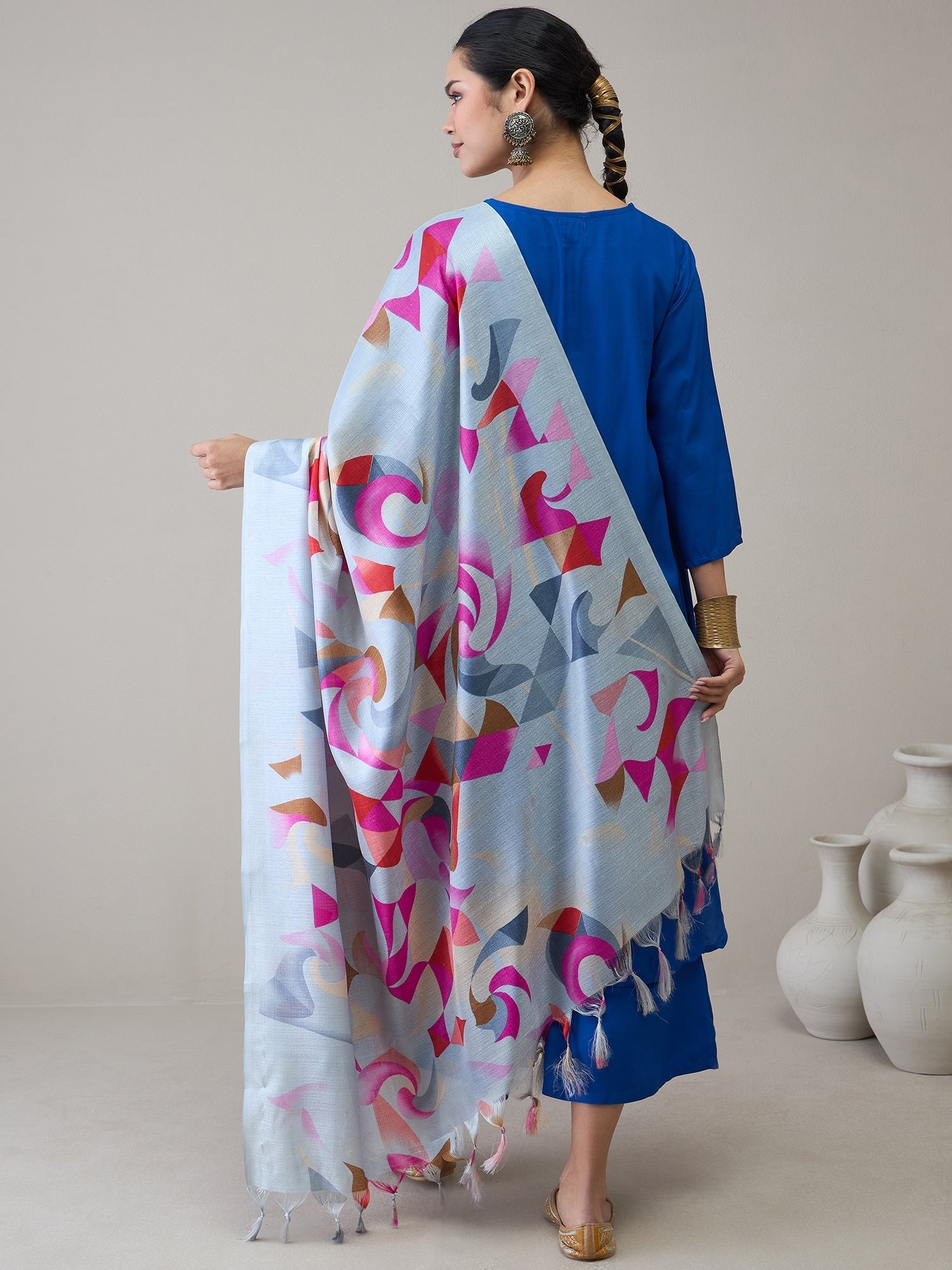 InWeave Ink Blue V Neck Flared Kurta Grey Dupatta Set 