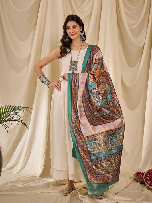 InWeave White Strappy Rama Green Dupatta Set 