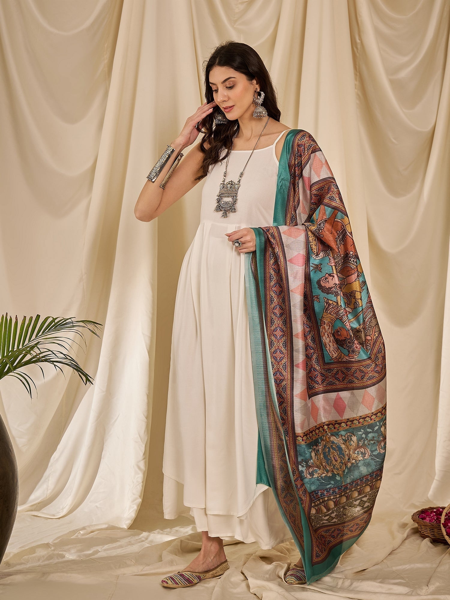 InWeave White Strappy Rama Green Dupatta Set 