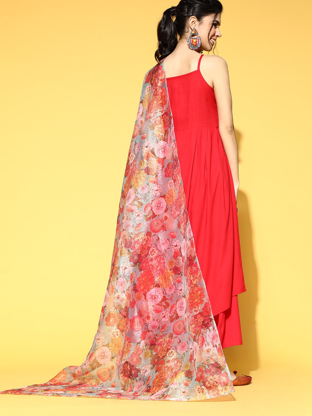 InWeave Strappy Set In Red With Organza Dupatta 