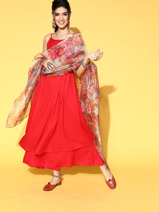 InWeave Strappy Set In Red With Organza Dupatta 